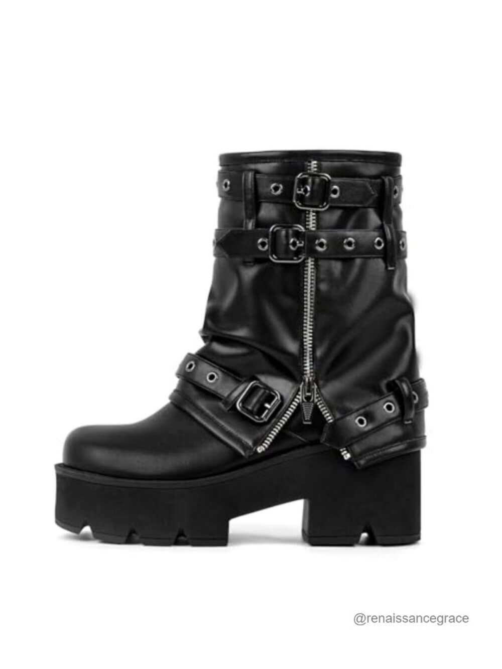 Punk Block Heel Ankle Boots Platform Fold-Over Faux Leather Motorcycle Booties